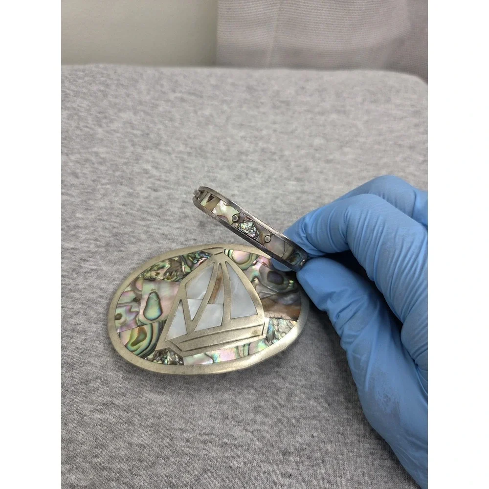 Vintage Large Alpaca Silver Belt Buckle Matching Bracelet Set Abalone Inlay